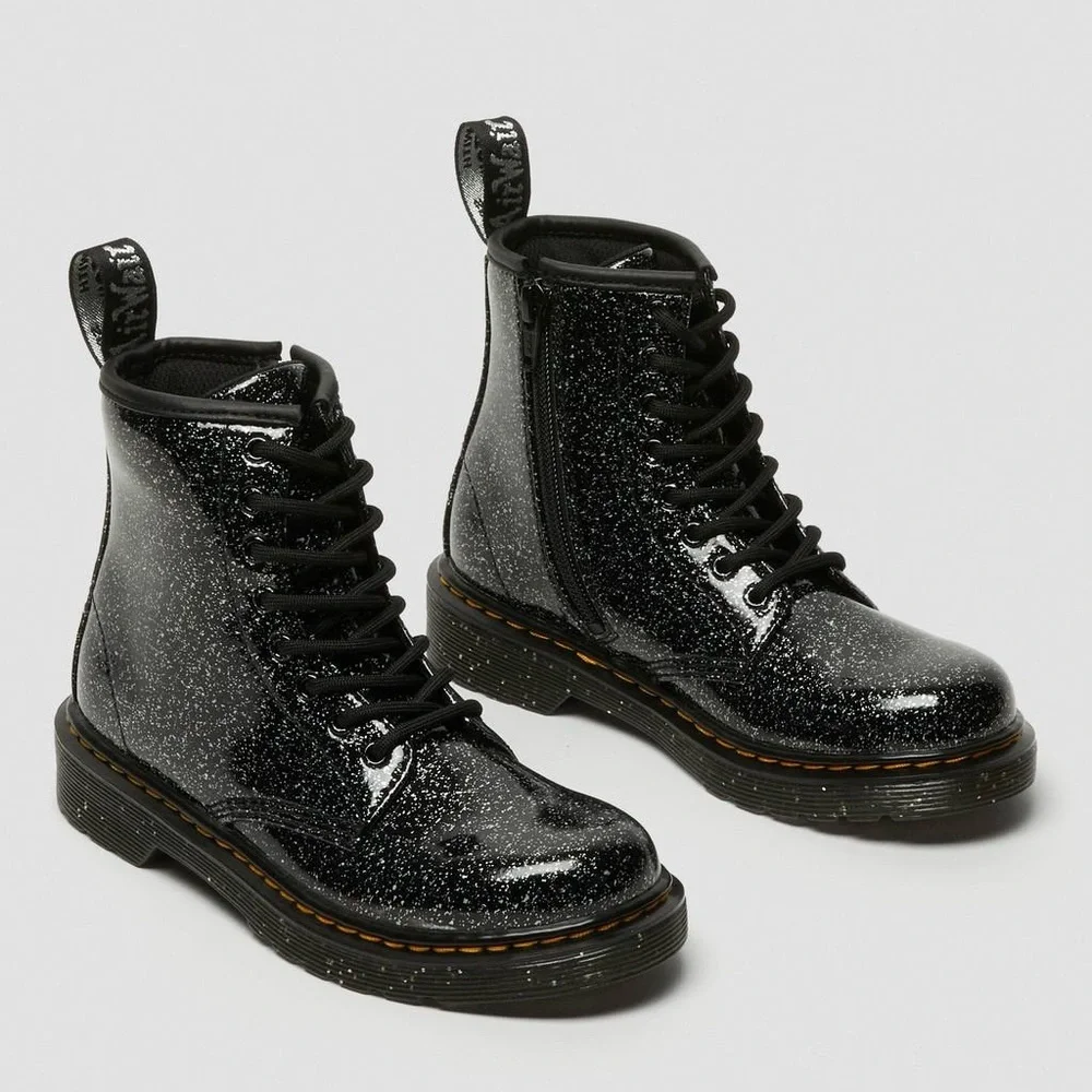 $75 Dr. Martens Junior 1460 Black Cosmic Silver Glitter Lace Up Zipper Boots 2
